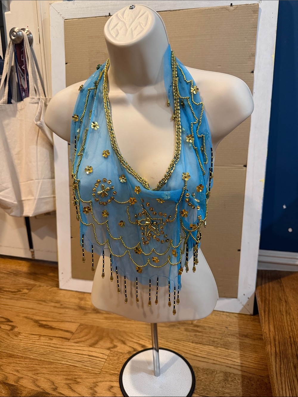Beaded Blue Halter Scarf Top with Gold Embellishments